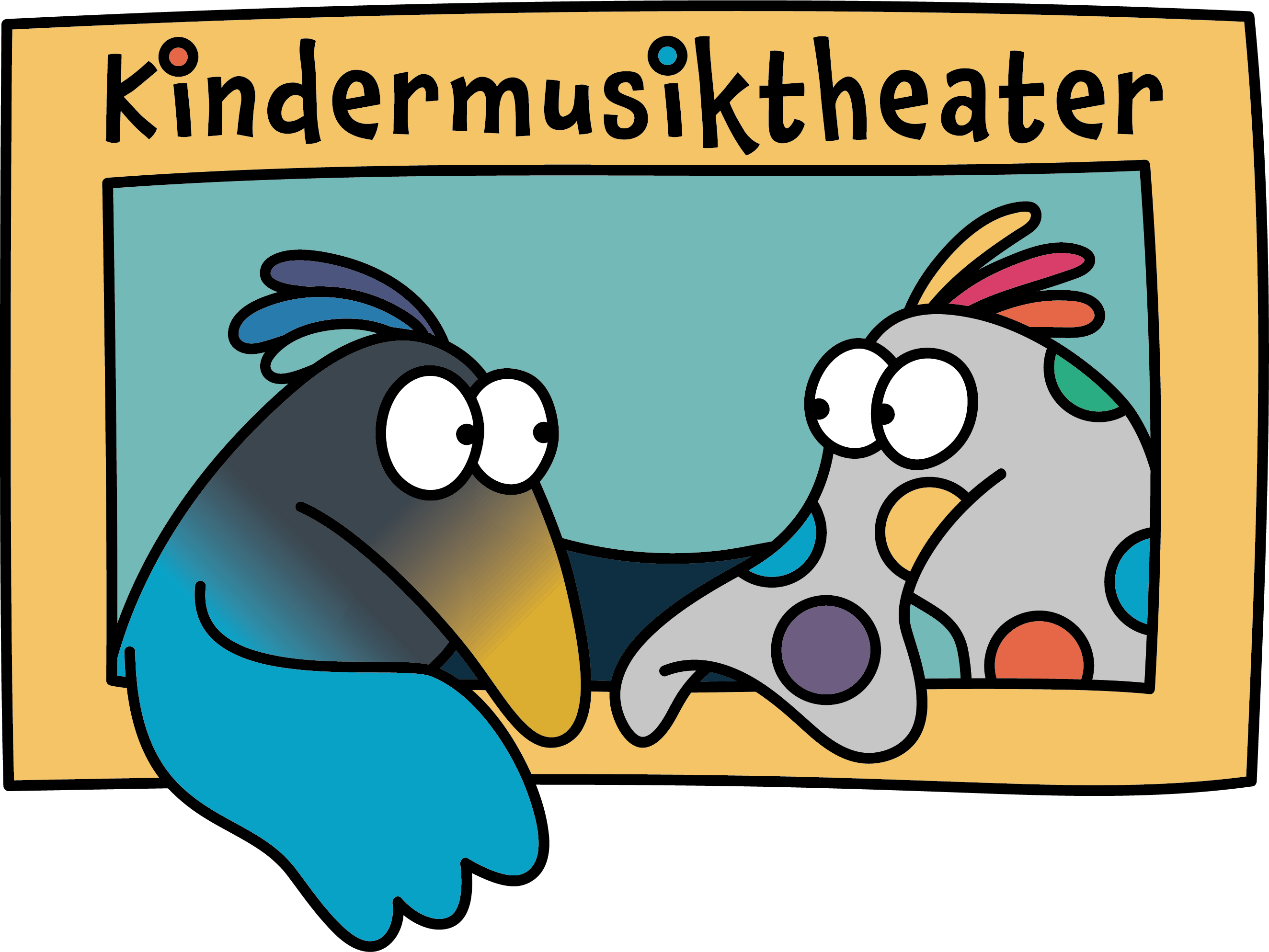 Zwei gezeichnete Sockenpupen unterhalten sich, sie sind sehr bunt und oebndrüber steht Musiktheater