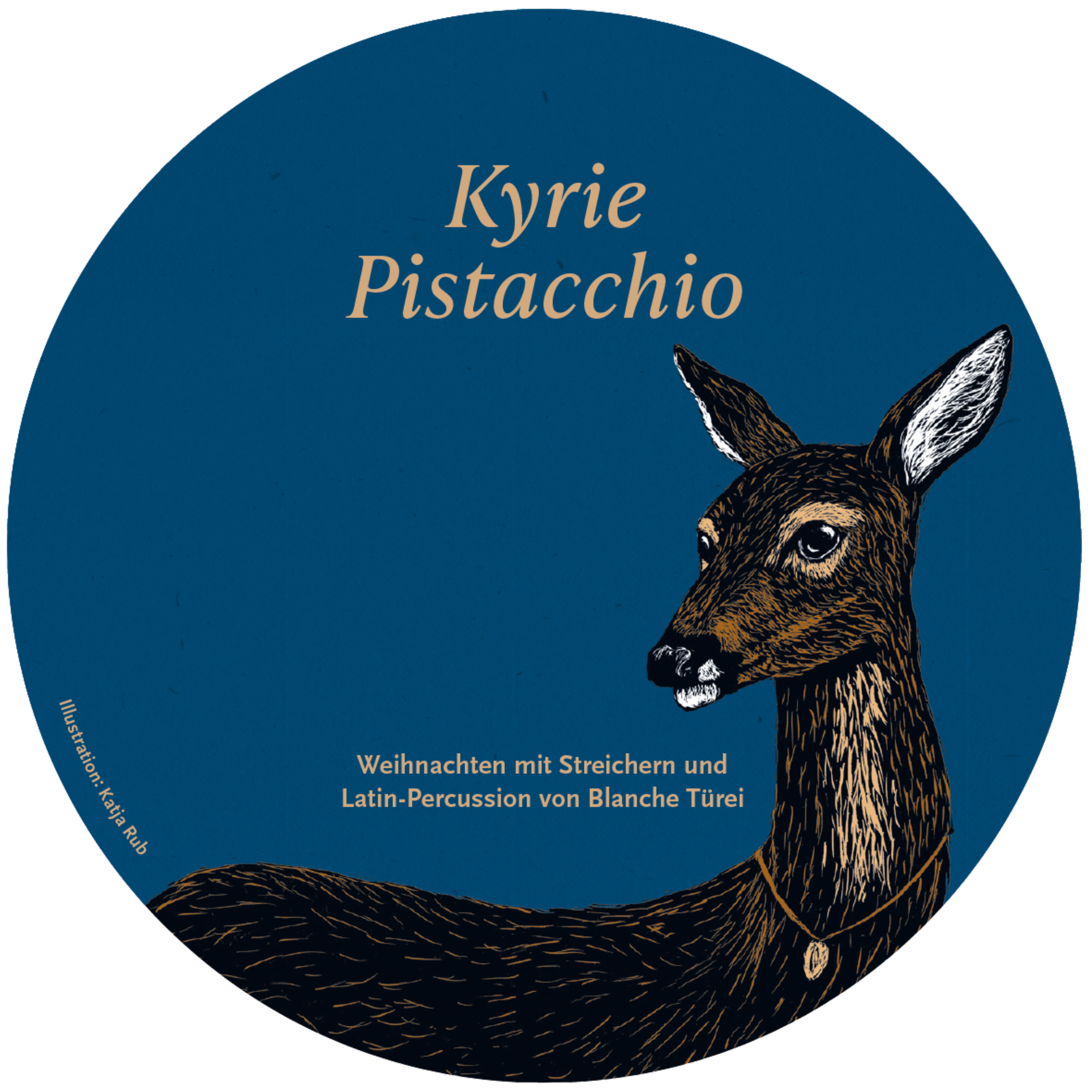Cover des Weihnachtsalbum Kyrie Pistacchio mit einem handgezeichneten Reh das eine Glocke um den Hals trägt vor einem blauen Hintergrund